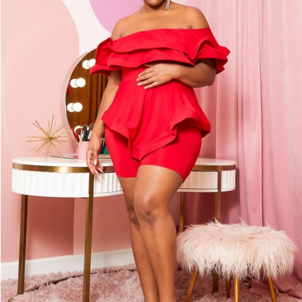 Off-Shoulder Red Ruffle Romper - Women - Picture 3 of 3